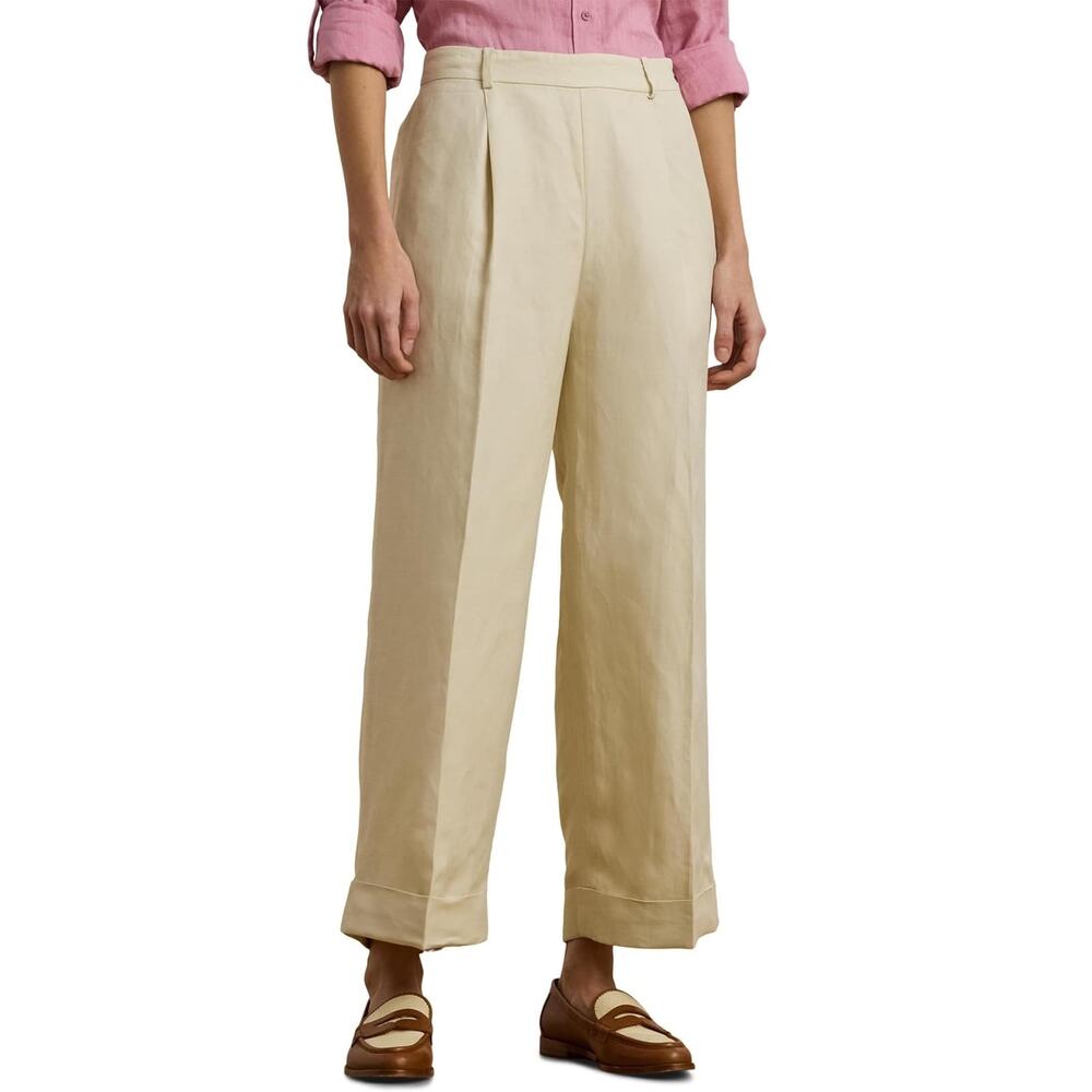 Lauren Ralph Lauren Women Ivory Linen Twill Wide-Leg Crop Pants Petite Size 4P